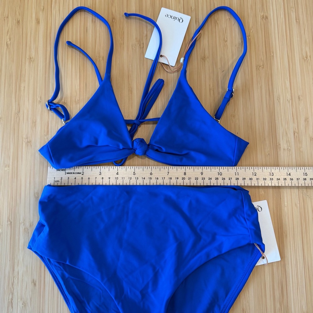 Quince Blue High Waisted Bikini Set Front Knot Triangle Top XS Bathing Sui - Picture 5 of 8